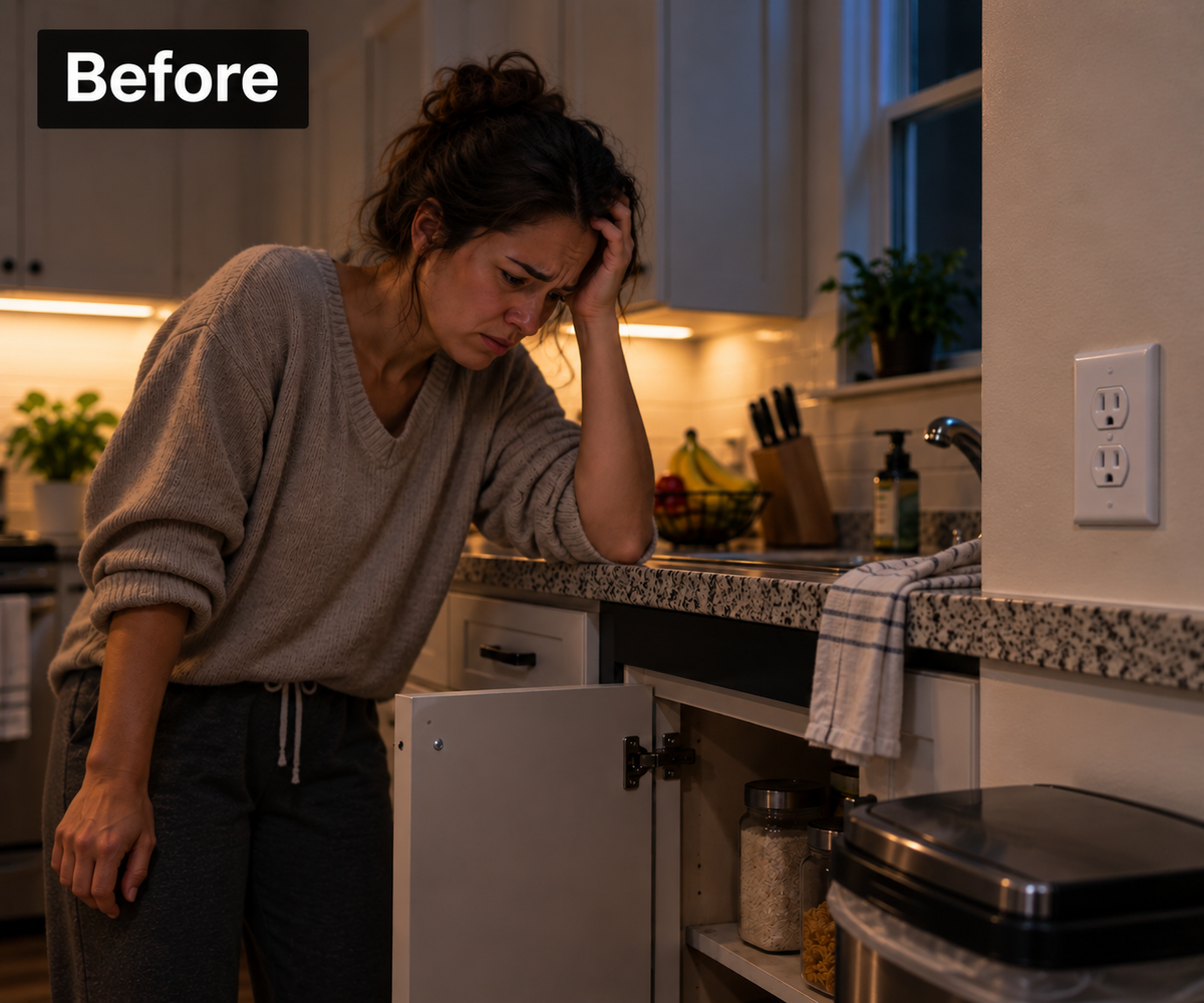 Before — frustrated in kitchen